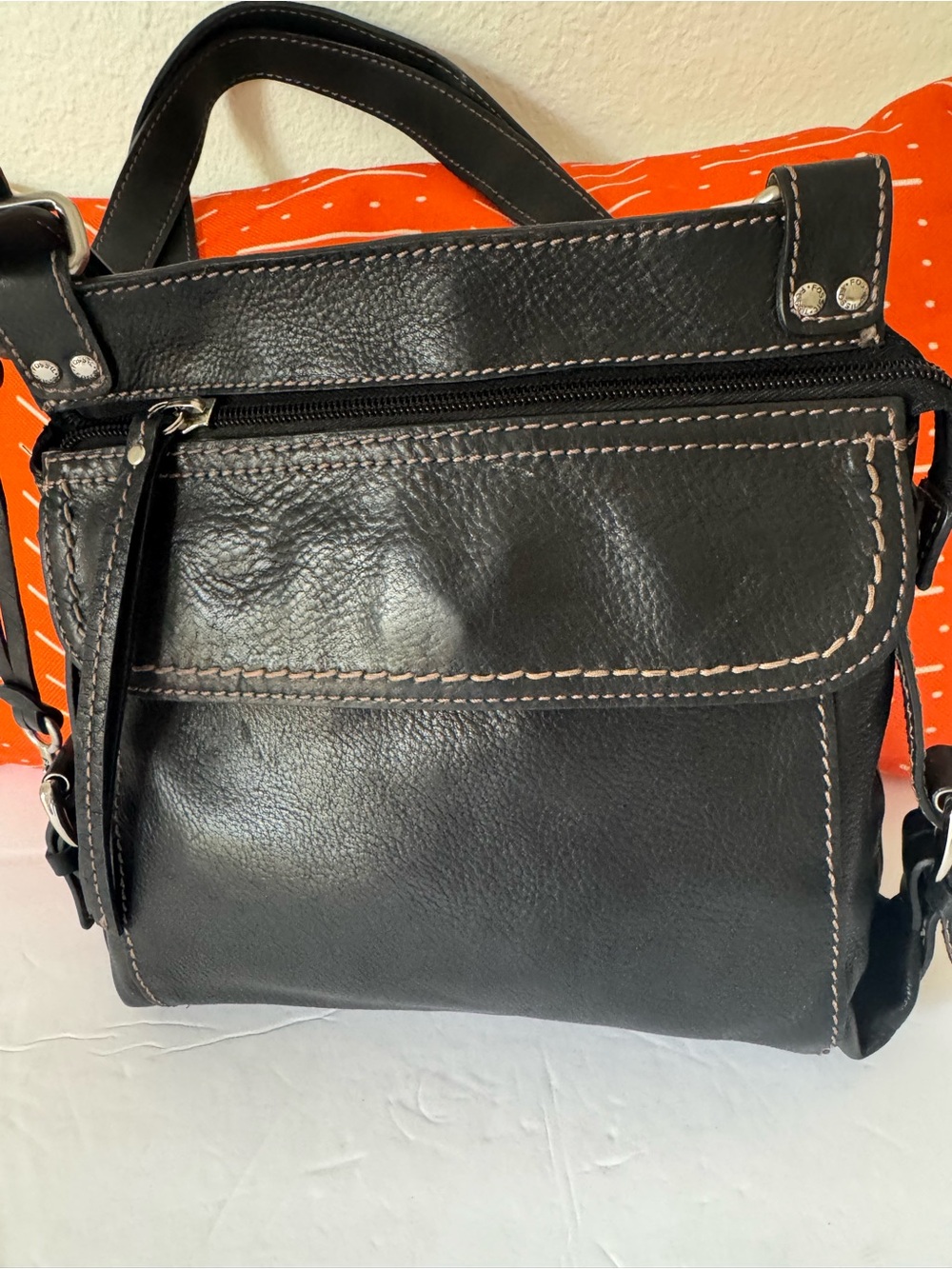 Vintage Rare Fossil Black Leather Crossbody with Contrast Stitching